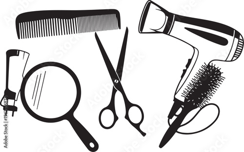 Hair styling tools, black and white icons, vector graphics, beauty equipment