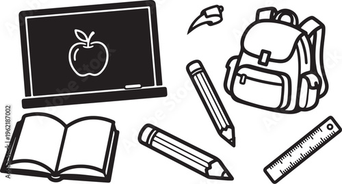 School supplies, education icons, black and white vector, back to school