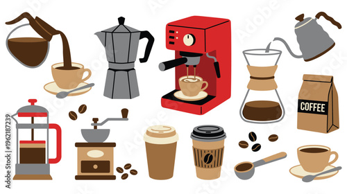 Professional coffee brewing equipment icons with colorful flat design.