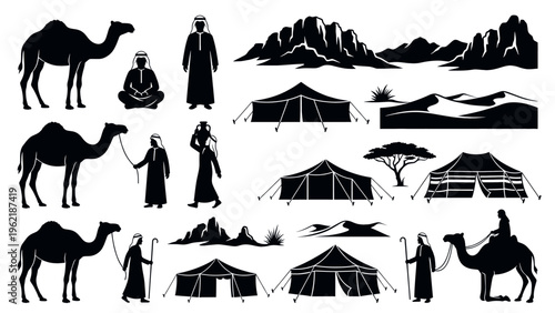 Desert life silhouettes with camels, people, tents, and mountains.
