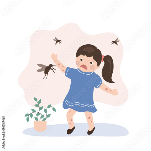 Mosquito bite child. Inflammation from mosquito bite on child's skin, fright and an allergic reaction. Girl is afraid of insects and runs away from mosquitoes.