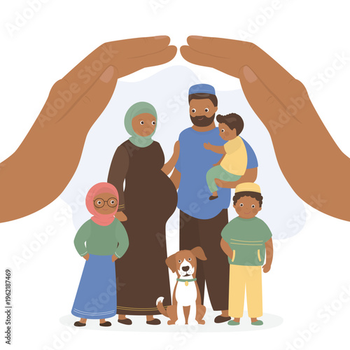 Giant hands covering happy big muslim family. Man, pregnancy woman and children stand side by side.. Arabic parents and cute kids. Friendship and family values.