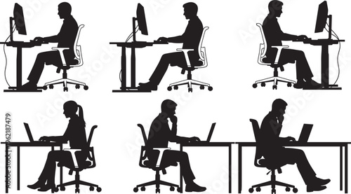Office worker silhouette set for cad drawing flat vector illustration featuring people sitting at desks with computers and laptops for workplace business design.