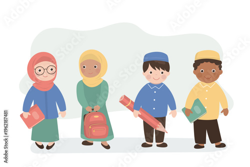 Group of arabic students characters. Muslim boy and girl kids standing and talking. Classmates, friend, islamic characters with school items