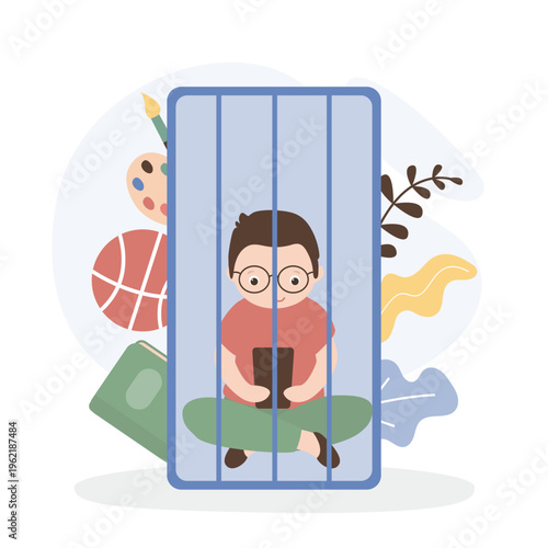 Child with cell phone addiction. Kid in cyber prison. Young boy addicted to technologies and internet. Bad habit, dependence from social media.