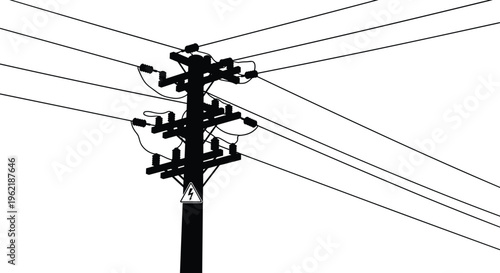 Electric power pole silhouette with wires, electricity transmission concept, utility infrastructure, high voltage lines, energy distribution vector illustration design