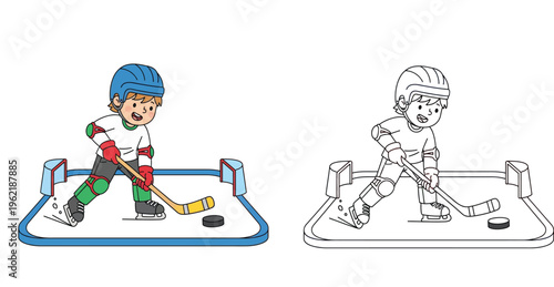  Set of Cute Boy Playing Ice Hockey Coloring Page and Colored Illustration of a Little Kid Athlete with Stick Puck and Skates on Ice Rink for Kids Education and Activity