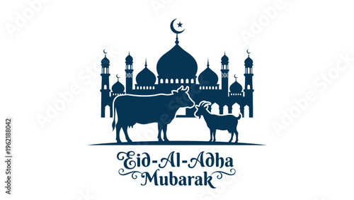 Eid Al Adha Mubarak celebration with mosque, cow, and goat silhouettes.