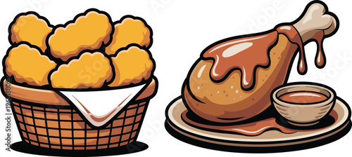 Fried Chicken Drumstick with Gravy and Basket of Nuggets, Isolated Stock Illustration
