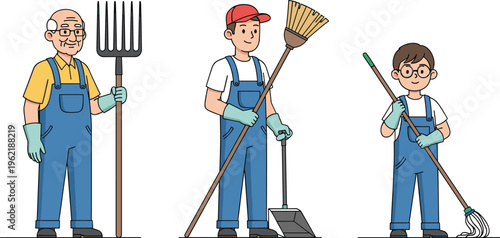 Hand-Drawn Characters Using Gardening Tools, Including Fork, Broom, and Rake for Nature, Gardening, and Eco-Friendly Designs