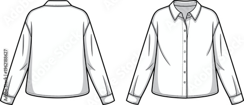 Long sleeve button down shirt technical vector illustration with front and back views, clean outline template for fashion design, apparel mockup, garment reference