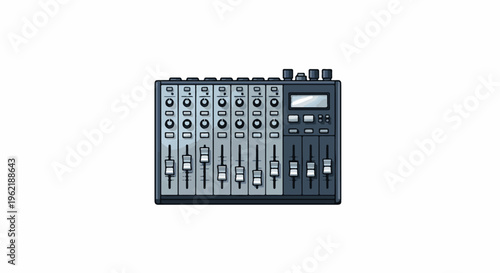 A gray audio mixing board with multiple sliders and knobs