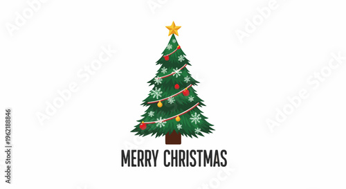 A festive decorated evergreen tree with a star topper and ornaments