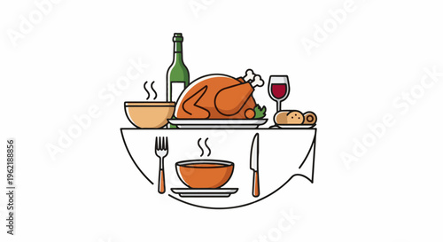 A festive meal with roasted poultry, soup, bread, wine, and cutlery