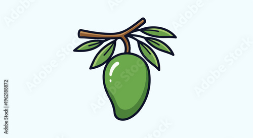 A green mango hangs from a branch with leaves