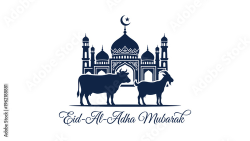 Eid Al Adha Mubarak with mosque, cow, and goat silhouettes.