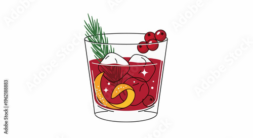 A festive ruby red beverage with ice, berries, and citrus peel