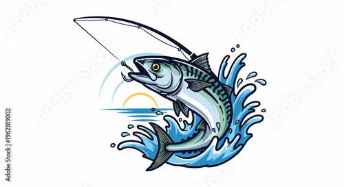 A fish leaps from the water, hooked by a fishing rod, with sun rising