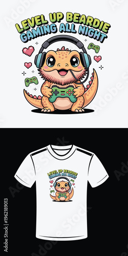 Cute bearded dragon gamer with headphones and controller illustration lizard reptile