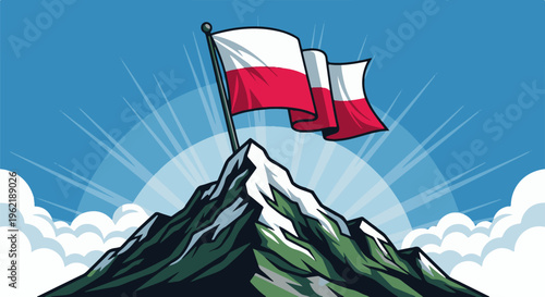 A flag flies on a snow-capped mountain peak with sun rays and clouds