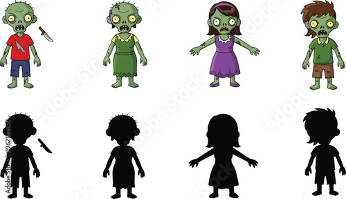 Cartoon Zombie Family Character Set Featuring Green Undead Men Women and Children with Matching Black Silhouettes Isolated on White Background for Halloween Vector Design