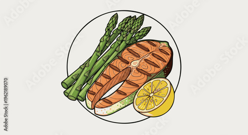 A grilled salmon steak with asparagus spears and a lemon slice