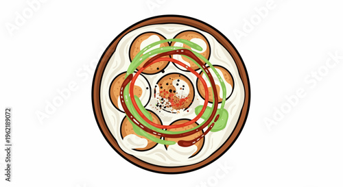 A flat illustration of a savory dish with circular elements and drizzles of sauce
