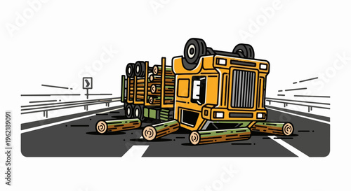 A flipped logging truck spills its cargo of logs onto a highway