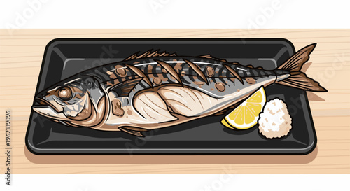 A grilled whole fish with a lemon slice and rice on a black plate