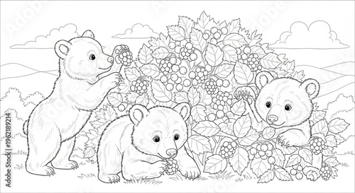 Bear cubs exploring a berry bush, picking berries, leaves and branches detailed, black and white coloring page
