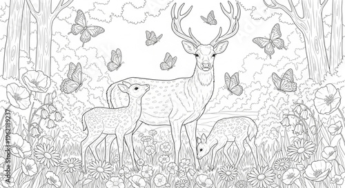 Deer family in forest clearing with flowers and butterflies, detailed line art , coloring page outline drawing coloring book illustration