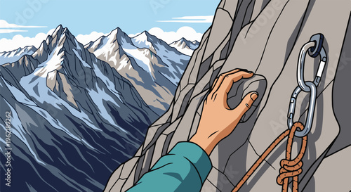A hand grips a rock face as snow-capped mountains rise majestically