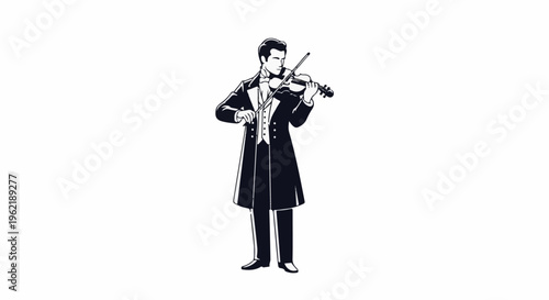 A formally dressed man plays the violin in a black and white illustration