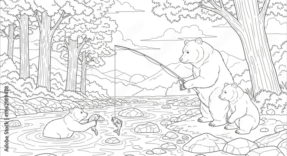 Obraz premium Bear family fishing near river with rocks and trees, coloring page outline drawing coloring book illustration