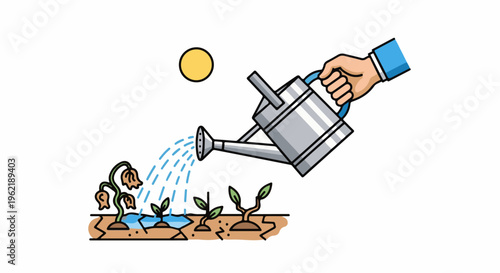 A hand waters dying and new plants in cracked earth under a sun