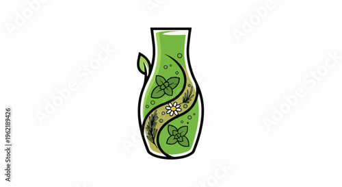 A hand-drawn green vase adorned with leaves, flowers, and herbs