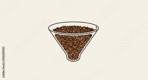 A funnel filled with tiny brown and white particles, on a light background