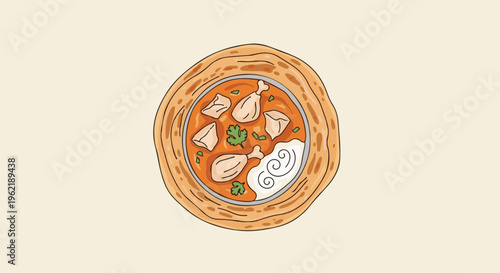 A hand-drawn illustration of a bowl of chicken curry with bread