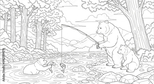 Bear family fishing near river with rocks and trees, coloring page outline drawing coloring book illustration