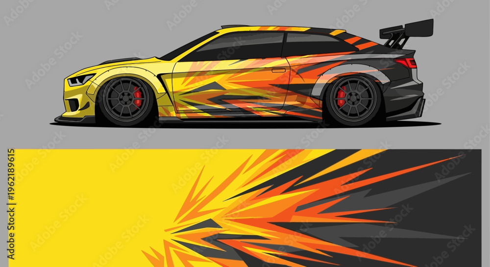 Fototapeta premium Stylized racing car with fiery graphic design and bold yellow accents.