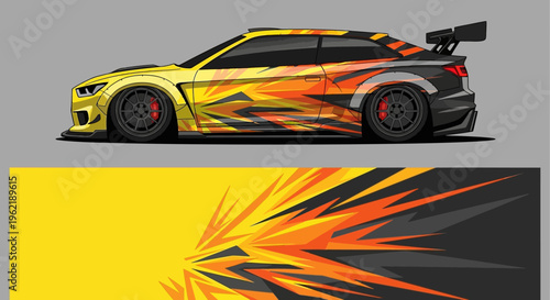 Stylized racing car with fiery graphic design and bold yellow accents.