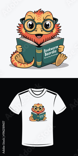 Cute cartoon bearded dragon wearing glasses reading a book titled Bookworm Beardie lizard reptile