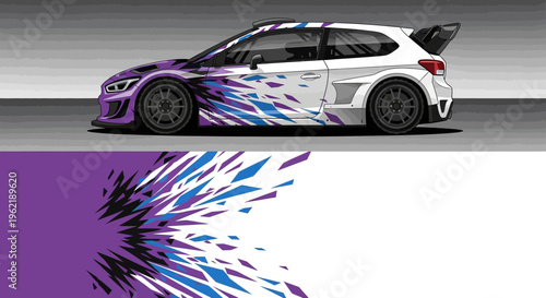 Sleek racecar side profile with blue and purple graphic decals in dynamic motion.