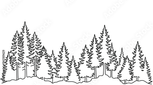 Continuous line drawing of evergreen forest landscape with pine trees.