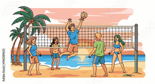 A group of friends enjoy a lively game of beach volleyball at sunset