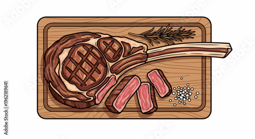 A gourmet steak with a bone and rosemary sprig is served on a wooden board