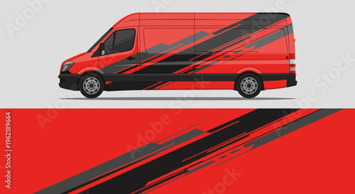 Red delivery van with bold black diagonal stripe graphic on white background.