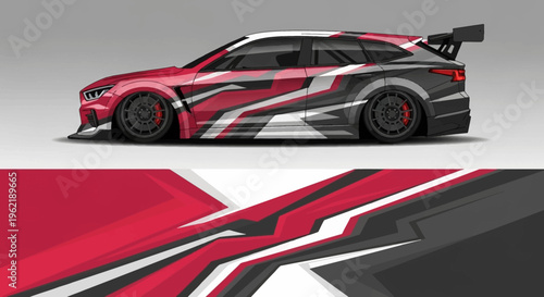 Sleek red and black race car with bold graphic livery and aerodynamic design on a neutral backdrop for high speed performance.