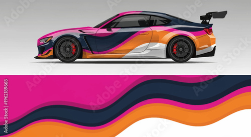 Vibrant multicolored sports car featuring bold graphic stripes and flowing wave designs across a dynamic street-ready profile.
