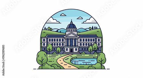 A grand building with a dome, framed by rolling hills and trees
